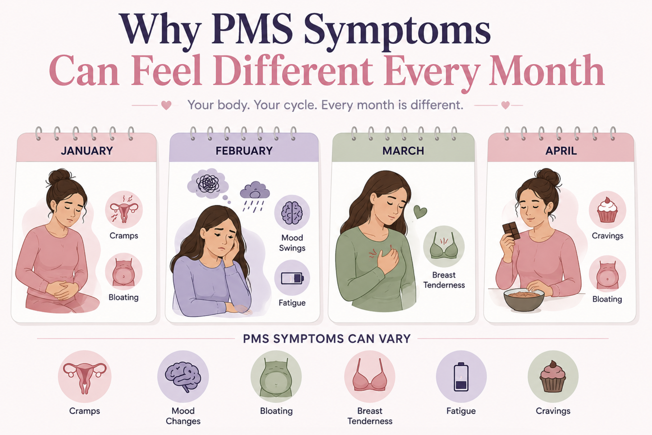 Illustration showing how PMS symptoms can vary from month to month, with four monthly calendar pages featuring different experiences including cramps, bloating, mood changes, fatigue, breast tenderness, and food cravings. Soft pink, lavender, and sage green colors emphasize that every menstrual cycle can feel different.